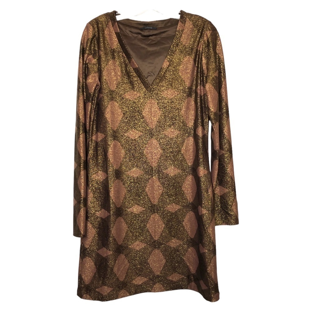 Elie TAHARI - Bronze Metallic Long Sleeve V-Neck Geometric Shift Dress - Size S